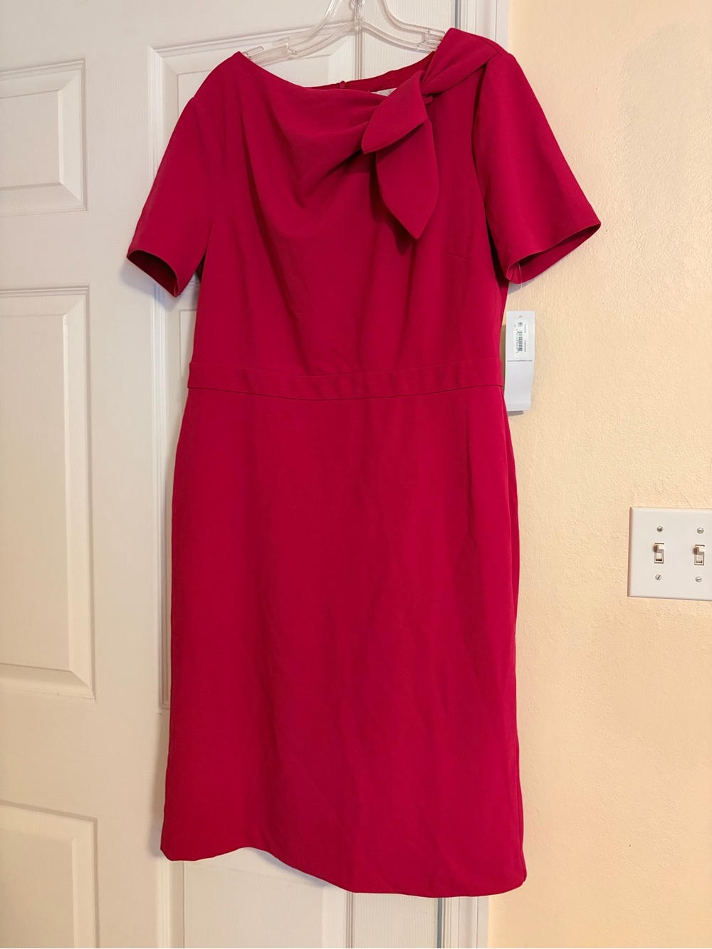 London Times Hot Pink Midi Dress with Shoulder Bow Accent
